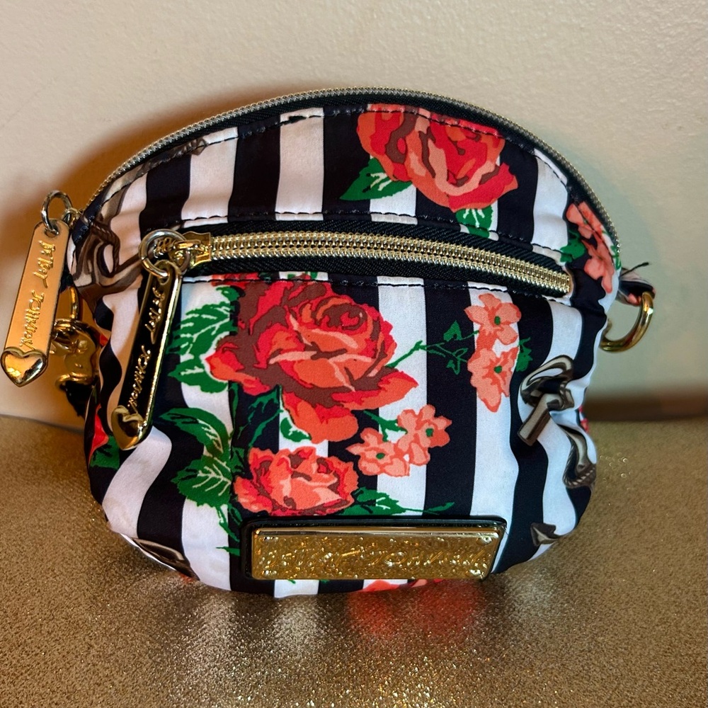 Betsey Johnson Black and White Striped Mini Bag with Red Floral